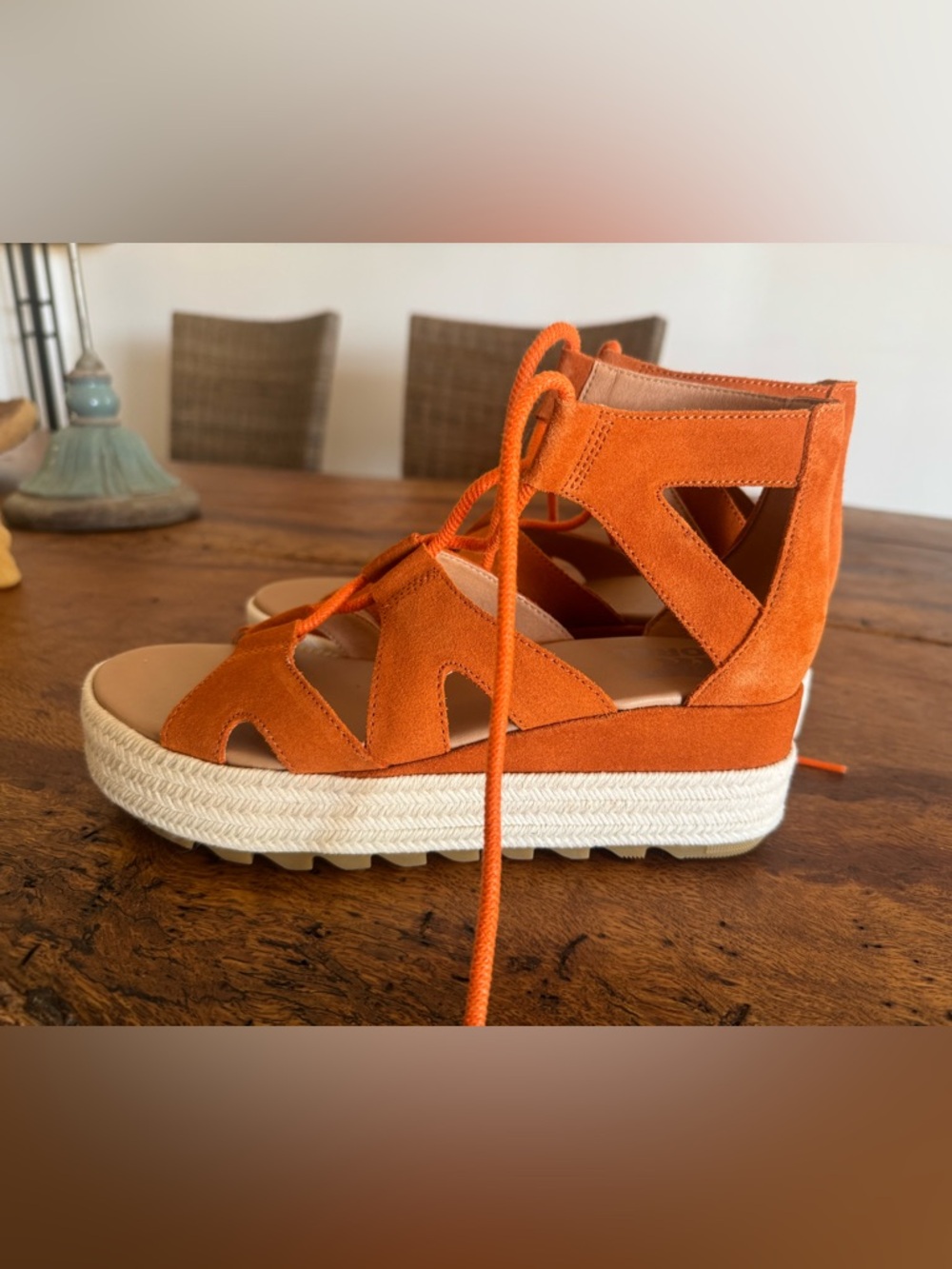 Sorel Orange Suede Lace-Up Espadrille Wedge Sandals